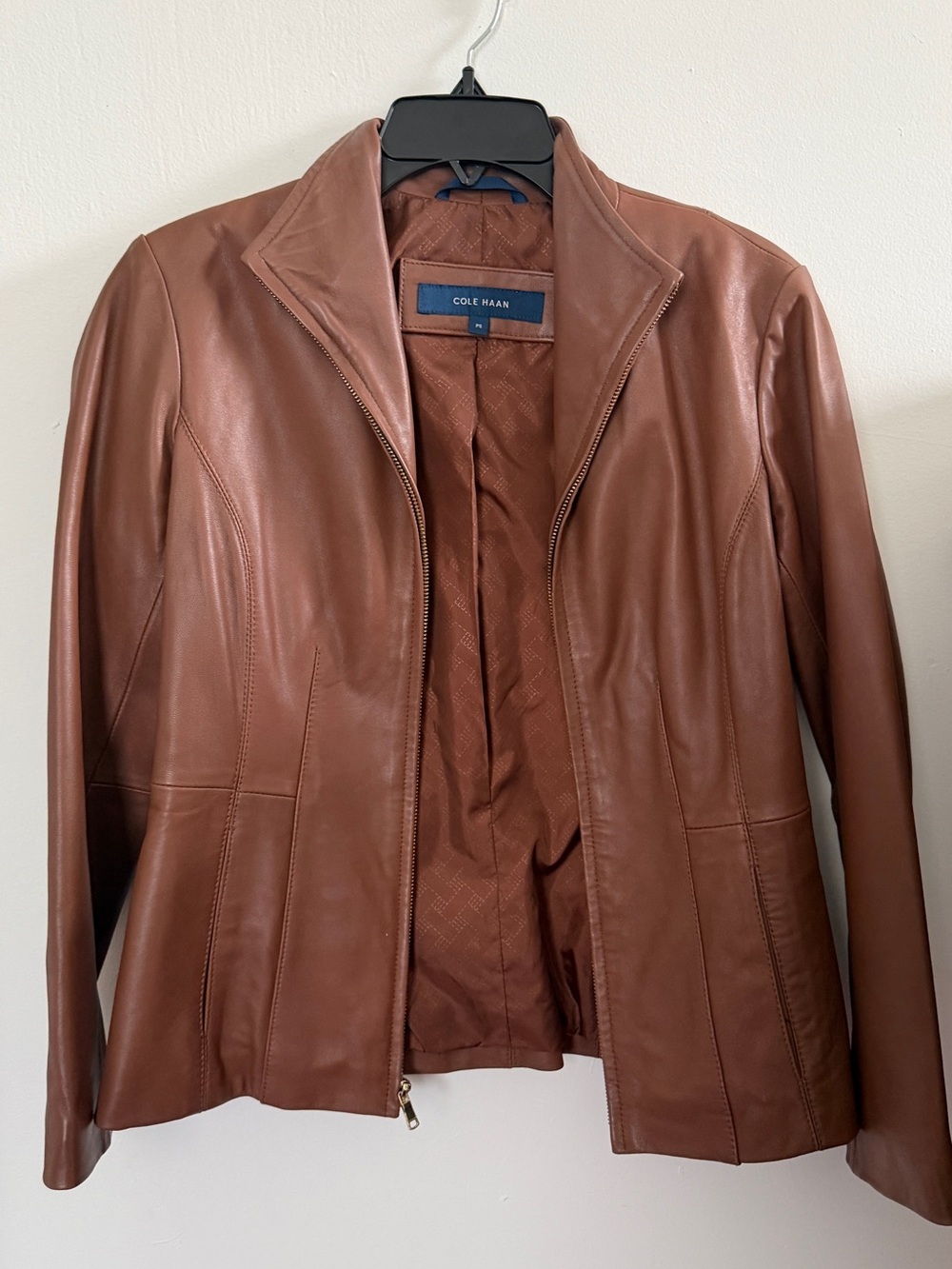Cole Haan Chestnut Brown Leather Zip Jacket